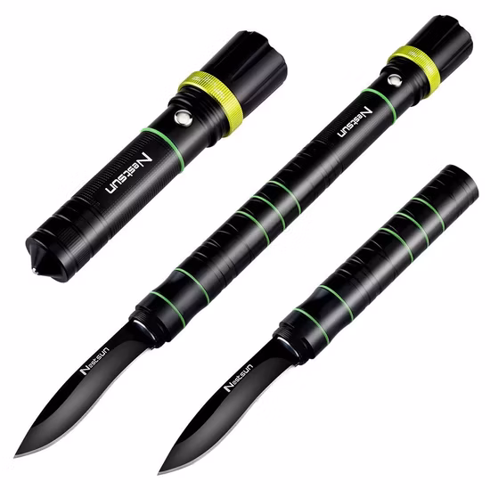 Torcia LED focalizzabile multifunzionale ricaricabile con coltello, rompi vetro e martello, torcia tattica zoomabile